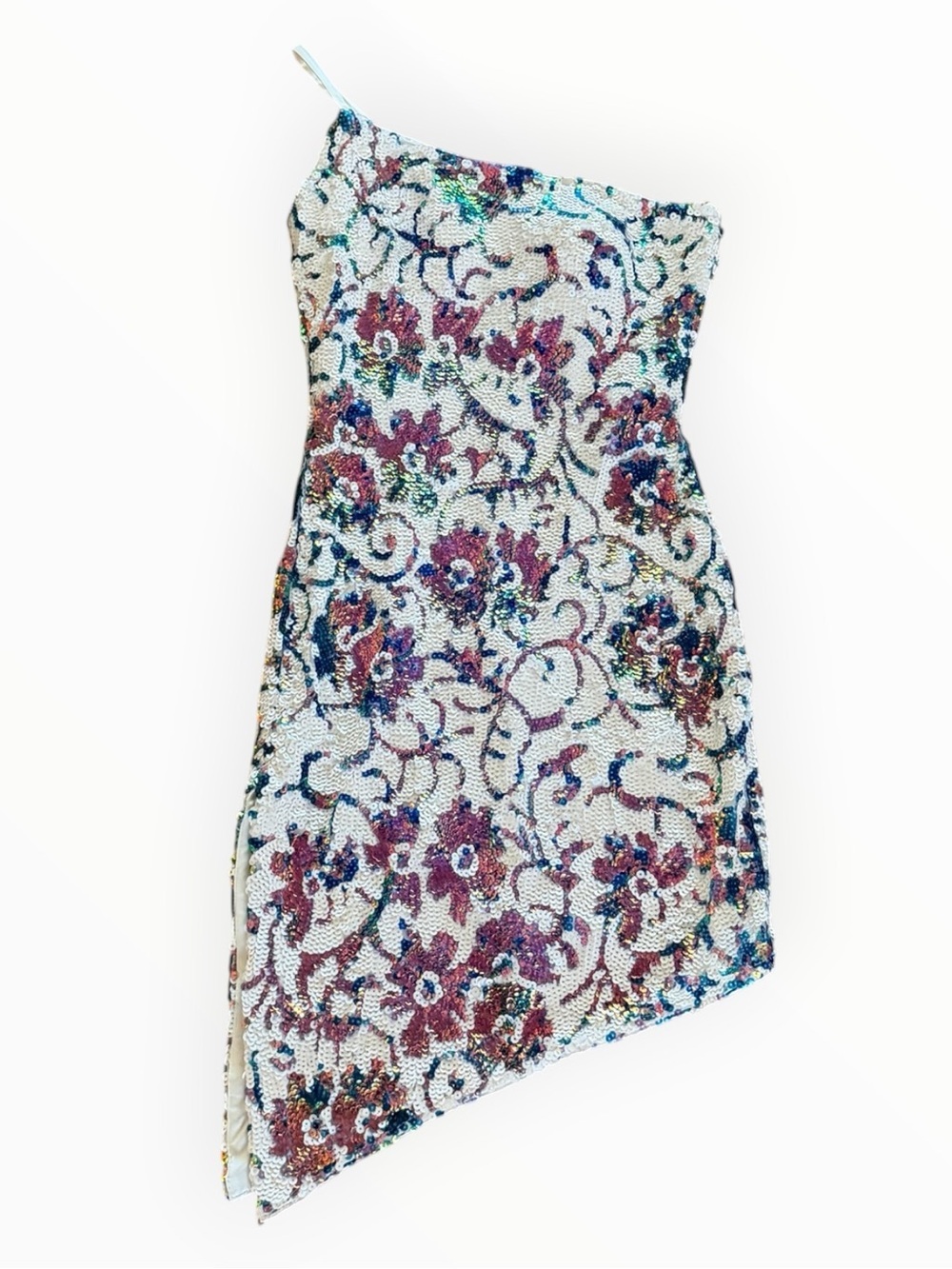 JOVANI White Multi One-Shoulder Sequin Floral Mini Dress Asymmetrical Slit 10 - Picture 2 of 9